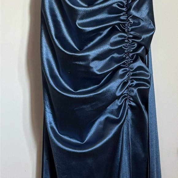 Windsor Steel Blue Satin Ruched Maxi Dress with High Slit - Picture 6 of 6
